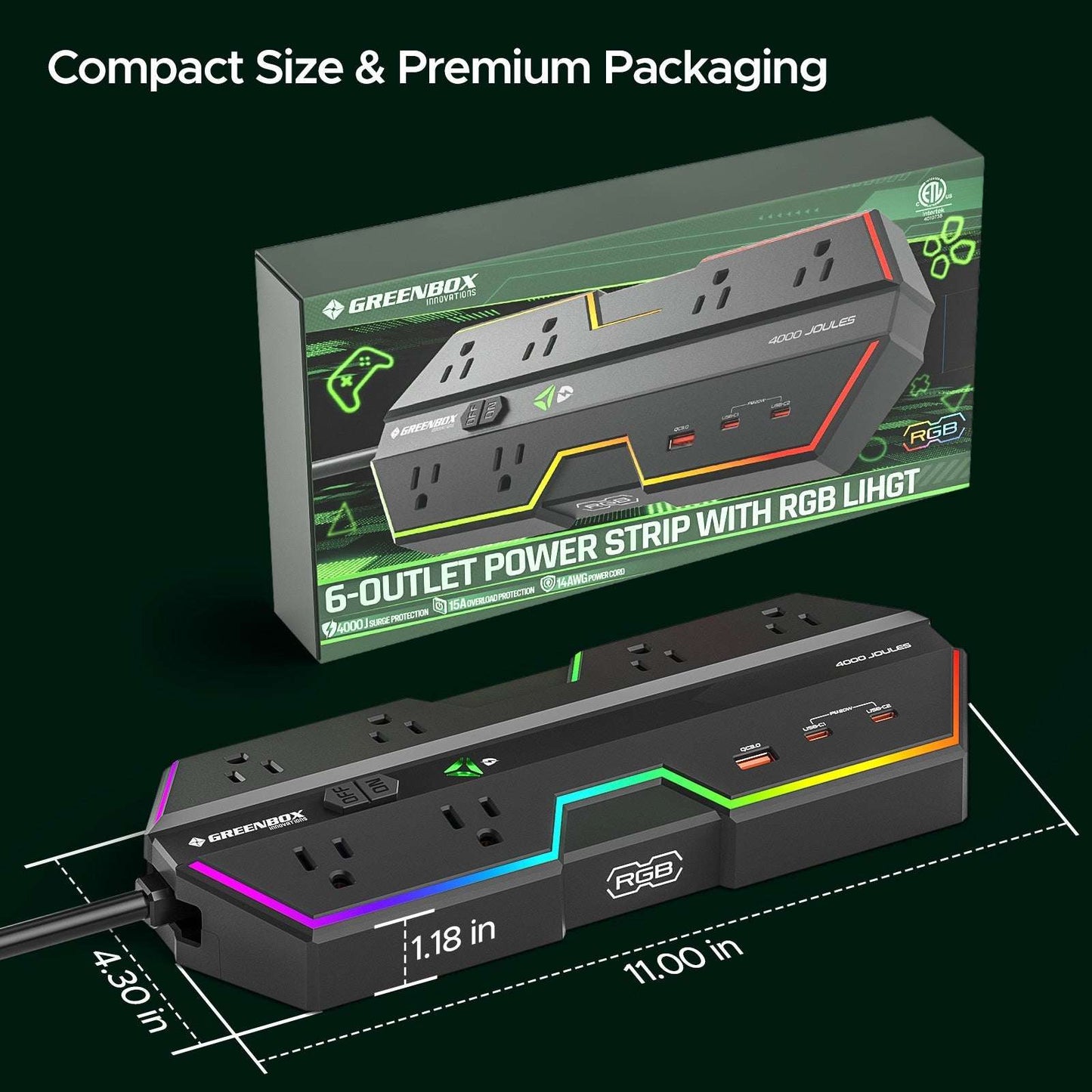 4000J Gaming Power Strip Surge Protector - 20W PD USB-C Fast Charge, 6 Wide-Spaced Outlets, RGB Lighting, 6ft Cord