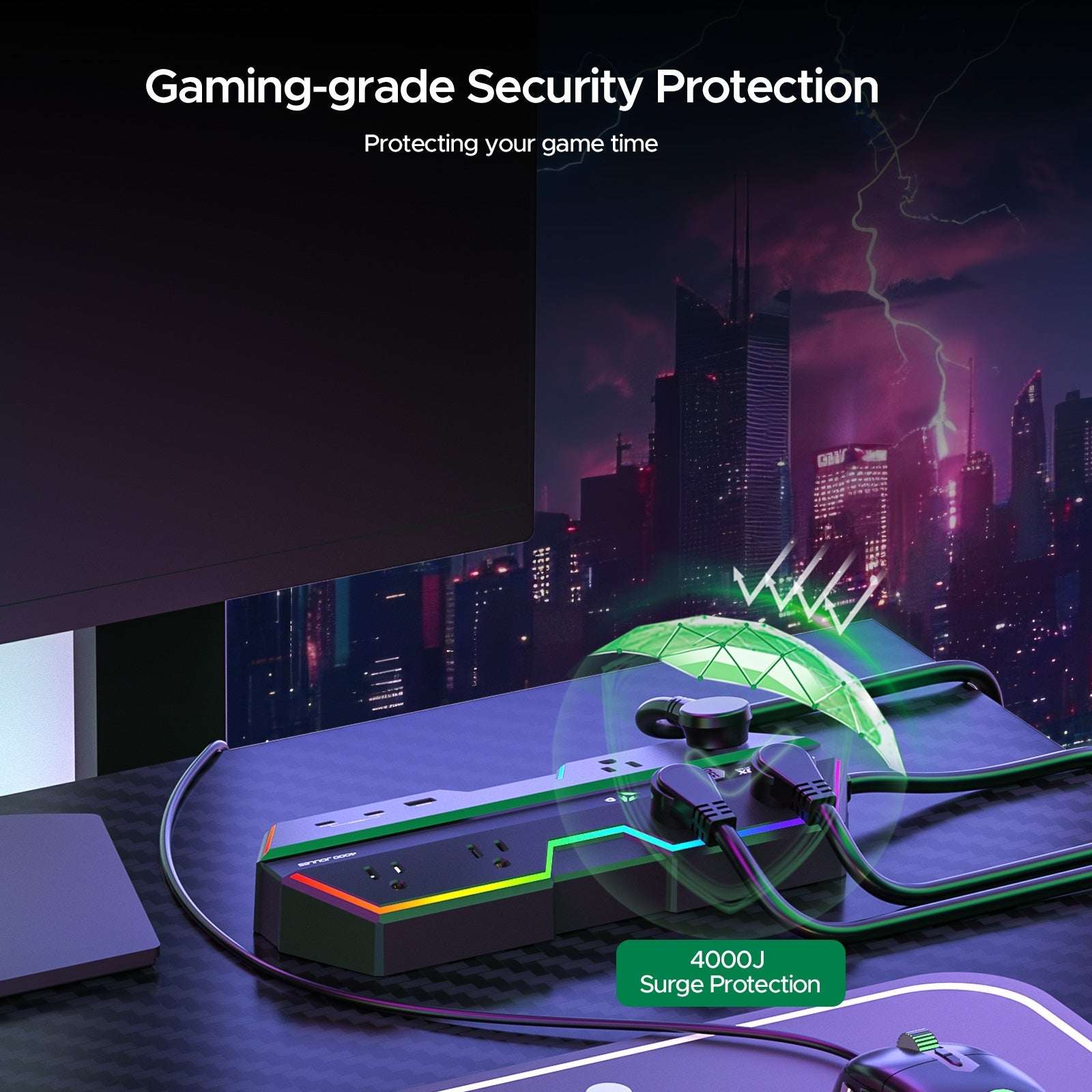 4000J Gaming Power Strip Surge Protector - 20W PD USB-C Fast Charge, 6 Wide-Spaced Outlets, RGB Lighting, 6ft Cord