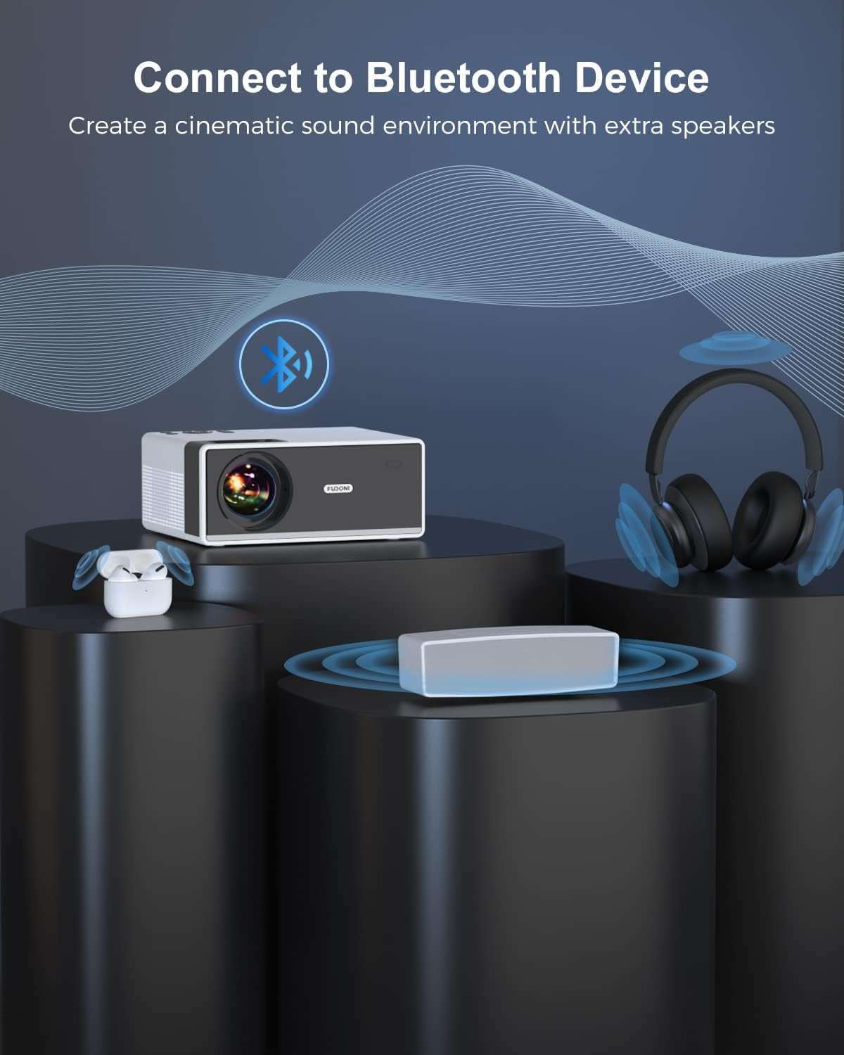 FUDONI Projector with Wifi and Bluetooth 4K Support, 300ANSI Outdoor Indoor Projector FHD 1080P Max 300" Display, Movie Video Home Theater Projector Compatible W/Hdmi/Usb/Phone/Laptop/Tv Stick