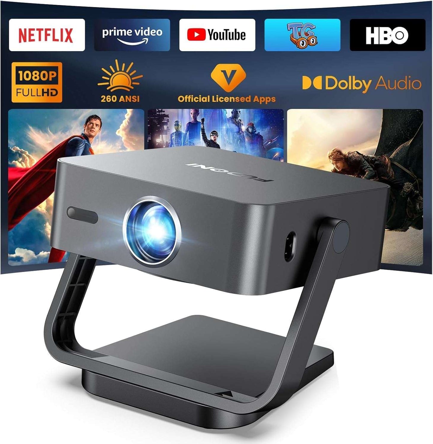 FUDONI Projector with Wifi and Bluetooth 4K Support, 300ANSI Outdoor Indoor Projector FHD 1080P Max 300" Display, Movie Video Home Theater Projector Compatible W/Hdmi/Usb/Phone/Laptop/Tv Stick