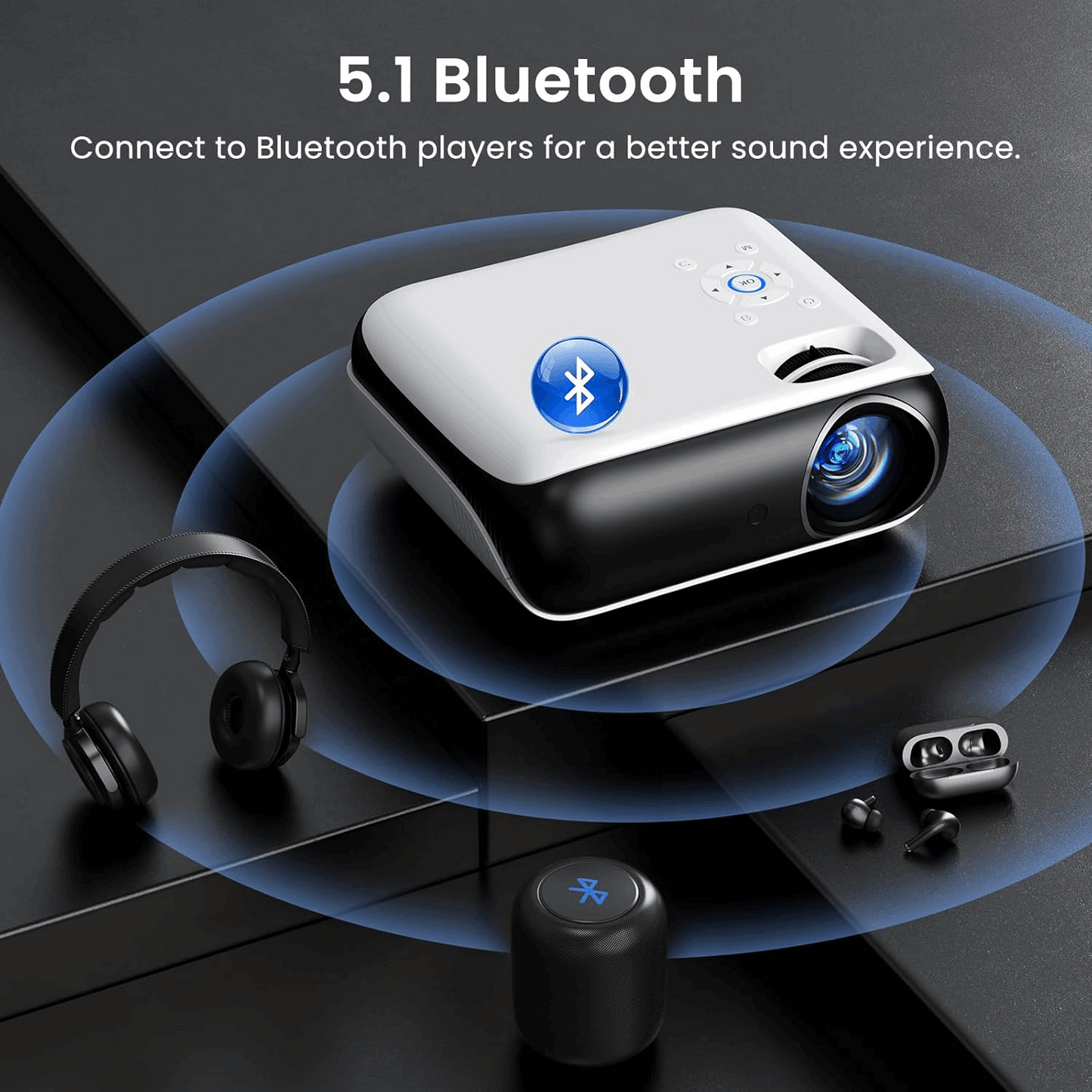 HAPPRUN Native 1080P Projector, Bluetooth Home Theater Movie Projector with Built-In Speaker, Compatible with Smartphone, HDMI, Fire Stick, PS5, Indoor & Outdoor Use - without Google TV System