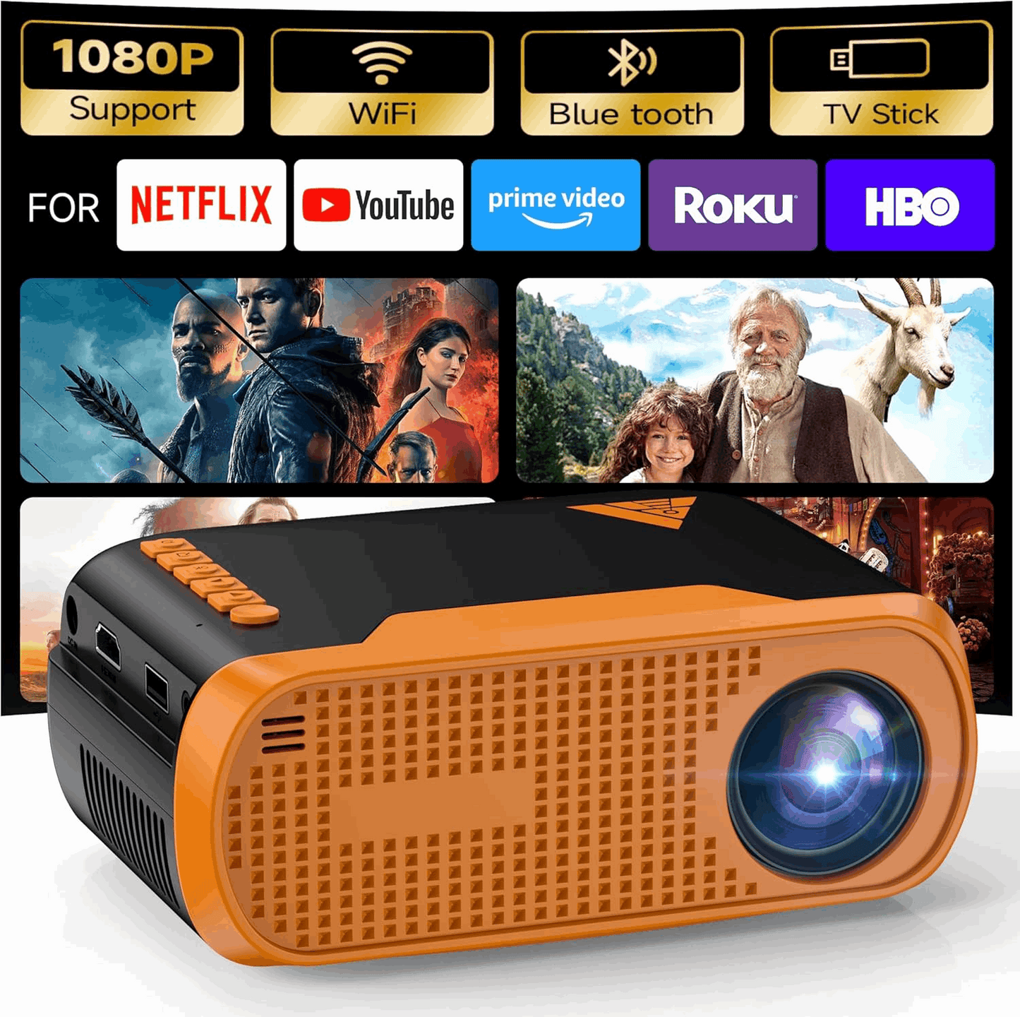 Mini Video Projector, Native 1080P Portable Movie Projector with Wifi Bluetooth, Compatible with Smart Phone, TV Stick, PS5, Laptop HDMI USB for Home Theater Indoor Outdoor Movies