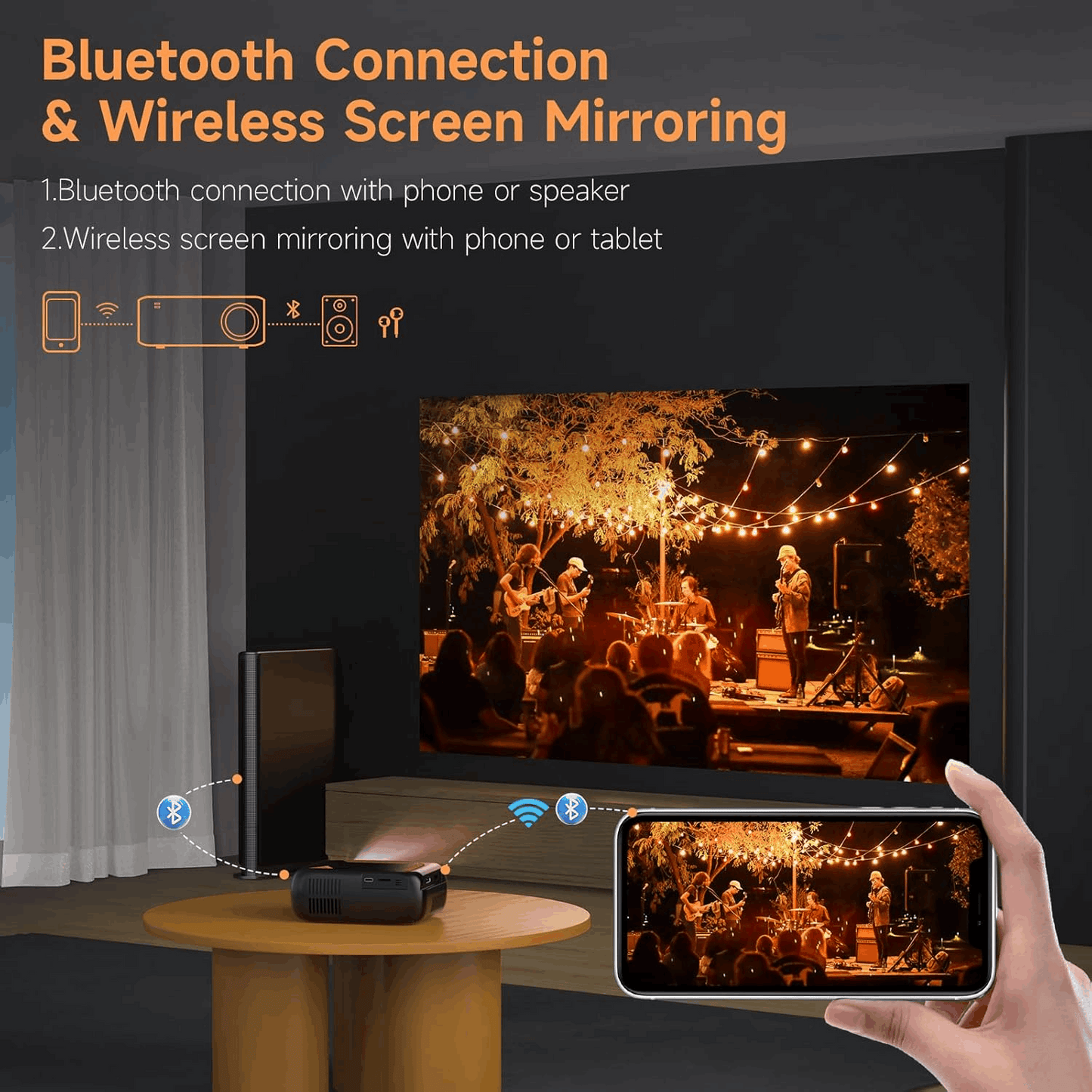 Mini Video Projector, Native 1080P Portable Movie Projector with Wifi Bluetooth, Compatible with Smart Phone, TV Stick, PS5, Laptop HDMI USB for Home Theater Indoor Outdoor Movies