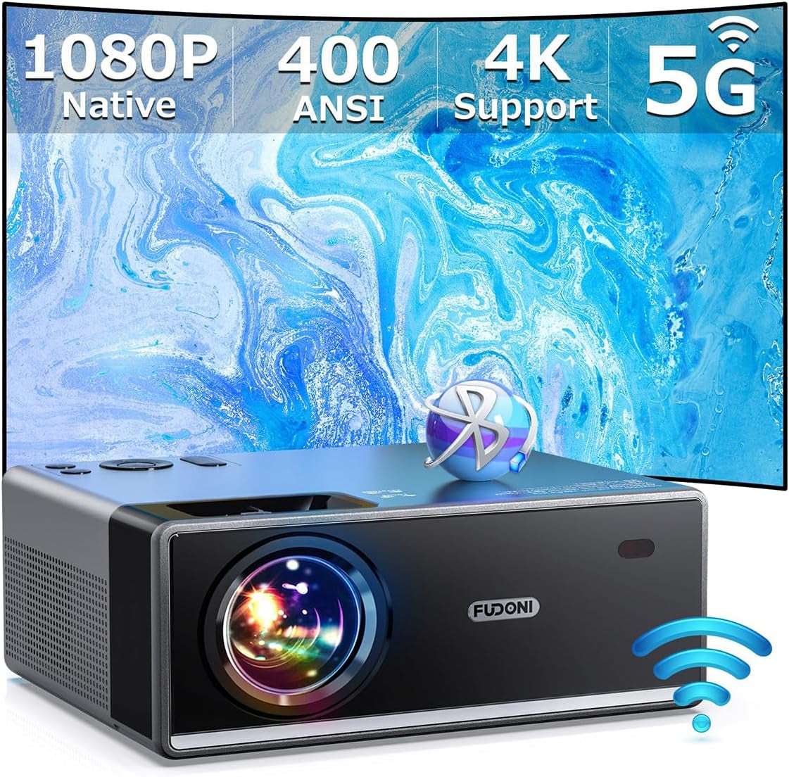 FUDONI Projector with Wifi and Bluetooth 4K Support, 300ANSI Outdoor Indoor Projector FHD 1080P Max 300" Display, Movie Video Home Theater Projector Compatible W/Hdmi/Usb/Phone/Laptop/Tv Stick