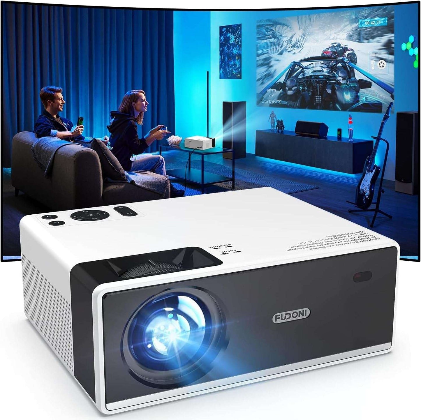 FUDONI Projector with Wifi and Bluetooth 4K Support, 300ANSI Outdoor Indoor Projector FHD 1080P Max 300" Display, Movie Video Home Theater Projector Compatible W/Hdmi/Usb/Phone/Laptop/Tv Stick