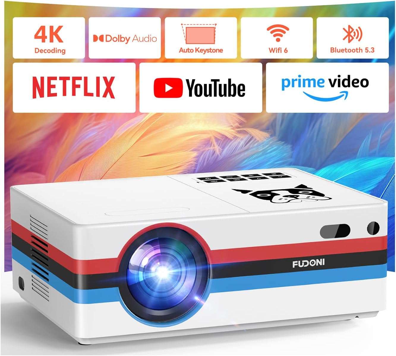 FUDONI Projector with Wifi and Bluetooth 4K Support, 300ANSI Outdoor Indoor Projector FHD 1080P Max 300" Display, Movie Video Home Theater Projector Compatible W/Hdmi/Usb/Phone/Laptop/Tv Stick