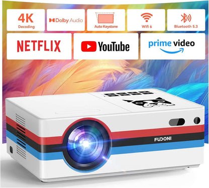 FUDONI Projector with Wifi and Bluetooth 4K Support, 300ANSI Outdoor Indoor Projector FHD 1080P Max 300" Display, Movie Video Home Theater Projector Compatible W/Hdmi/Usb/Phone/Laptop/Tv Stick